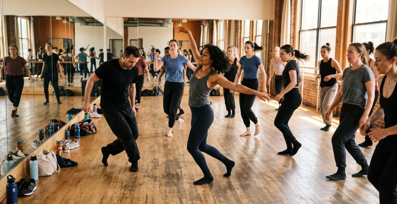 Un groupe d'adultes danse au milieu d'un cours régulier dans un studio lumineux avec parquet et miroirs.