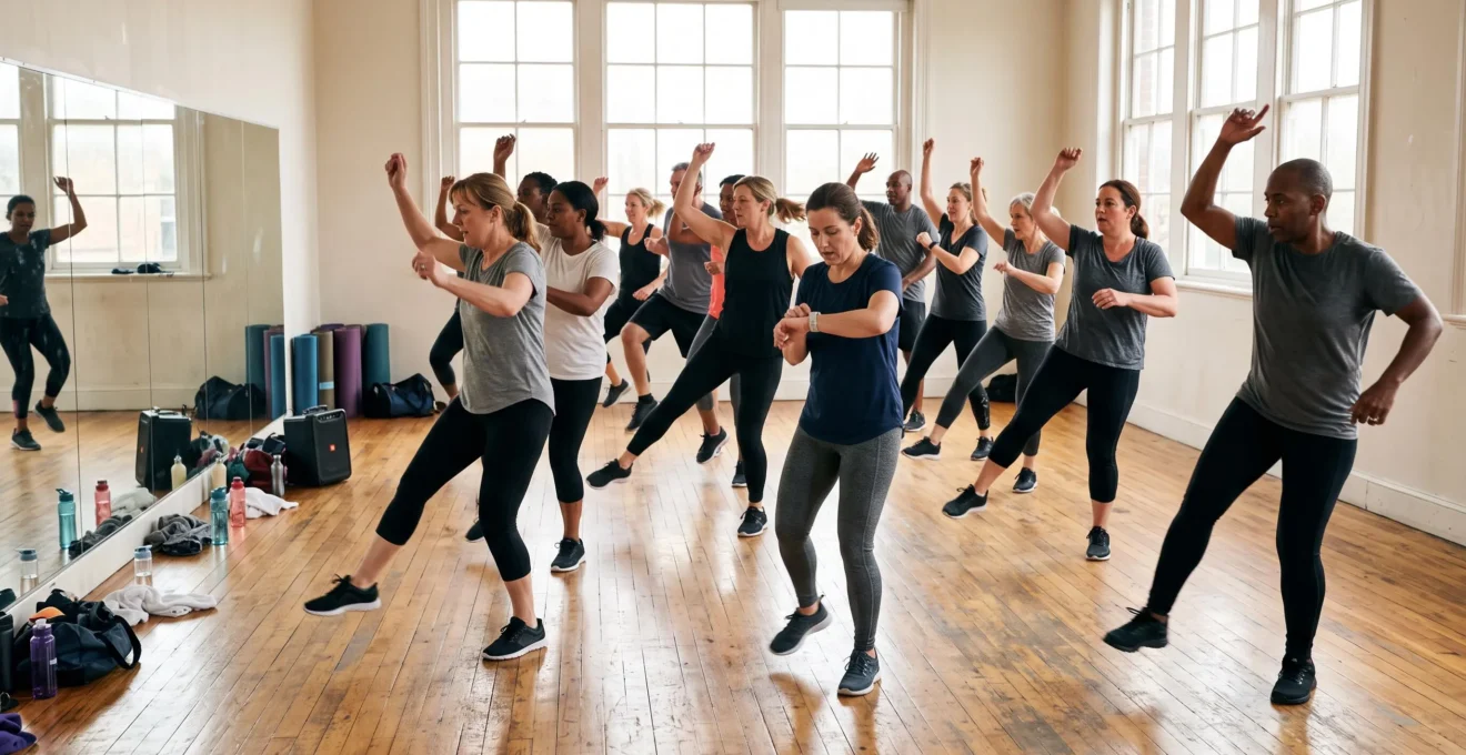 Un groupe d'adultes suit une chorégraphie dynamique dans un studio de danse lumineux, en plein effort cardiovasculaire