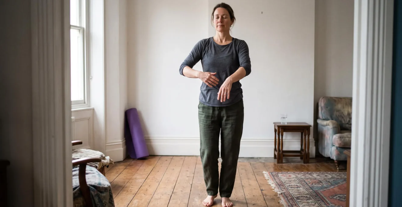 Une femme danse doucement dans son salon, les yeux fermés, les bras décrivant de petits cercles lents pour relâcher ses épaules.
