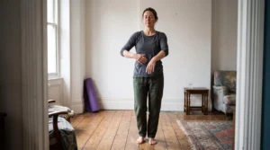 Une femme danse doucement dans son salon, les yeux fermés, les bras décrivant de petits cercles lents pour relâcher ses épaules.