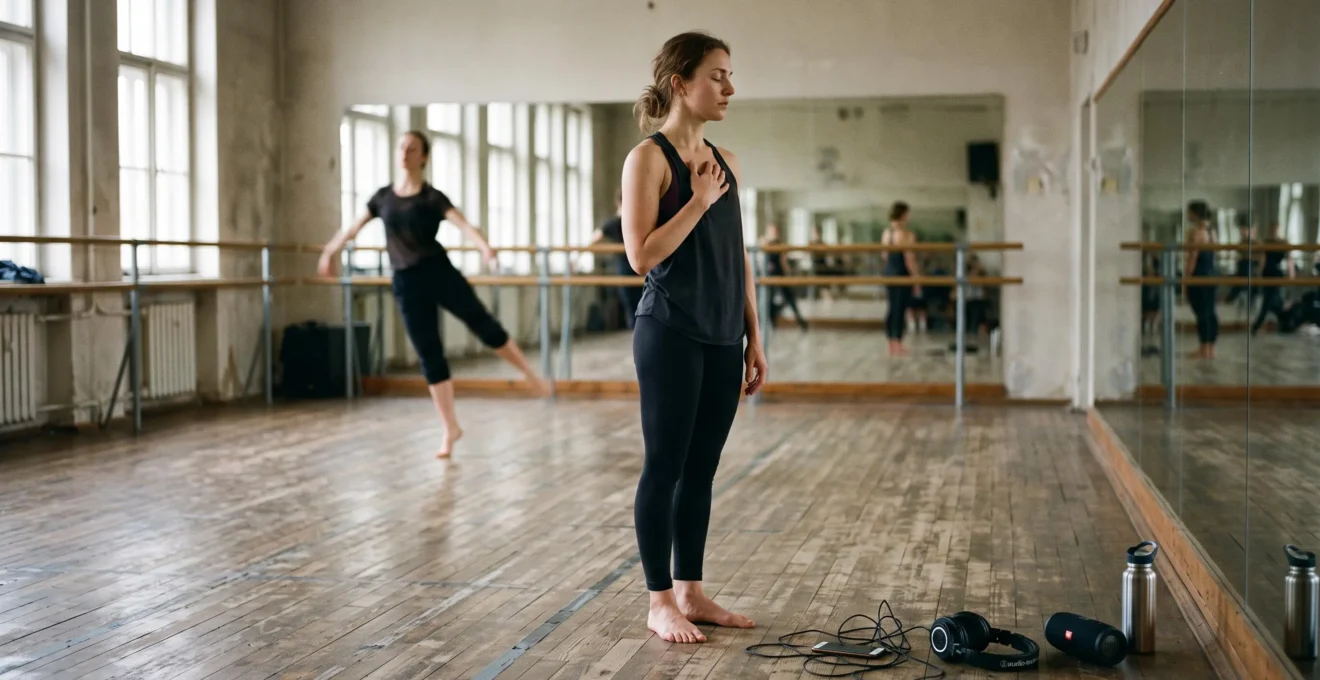 Un danseur écoute attentivement la musique dans un studio avant de commencer à danser, la main posée sur la poitrine.