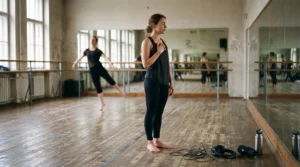 Un danseur écoute attentivement la musique dans un studio avant de commencer à danser, la main posée sur la poitrine.