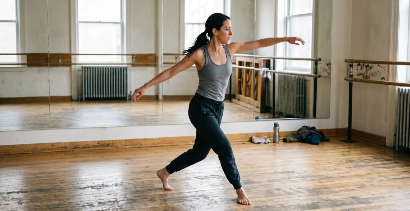 Un danseur exécute un enchaînement complet dans un studio, le poids du corps et les bras移动 synchronisés pendant le mouvement.