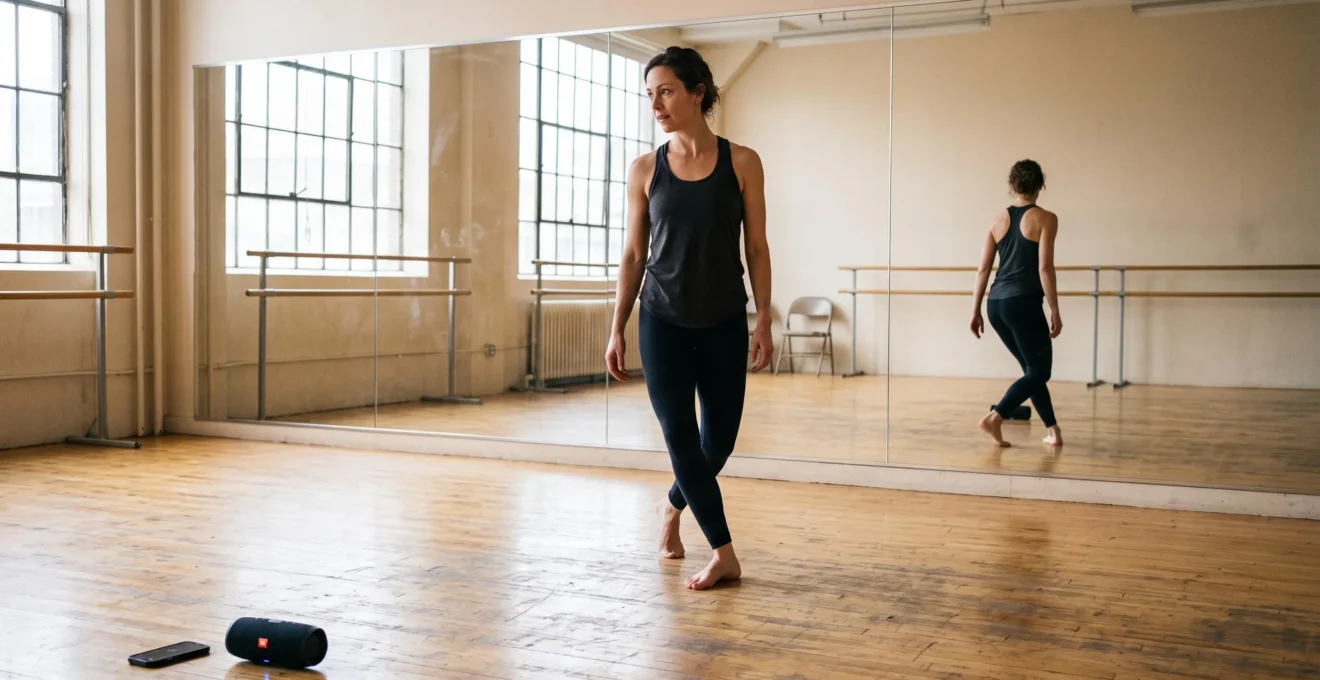 Un danseur marque la pulsation du pied dans un studio de danse éclairé par la lumière naturelle, observé dans le miroir du mur.