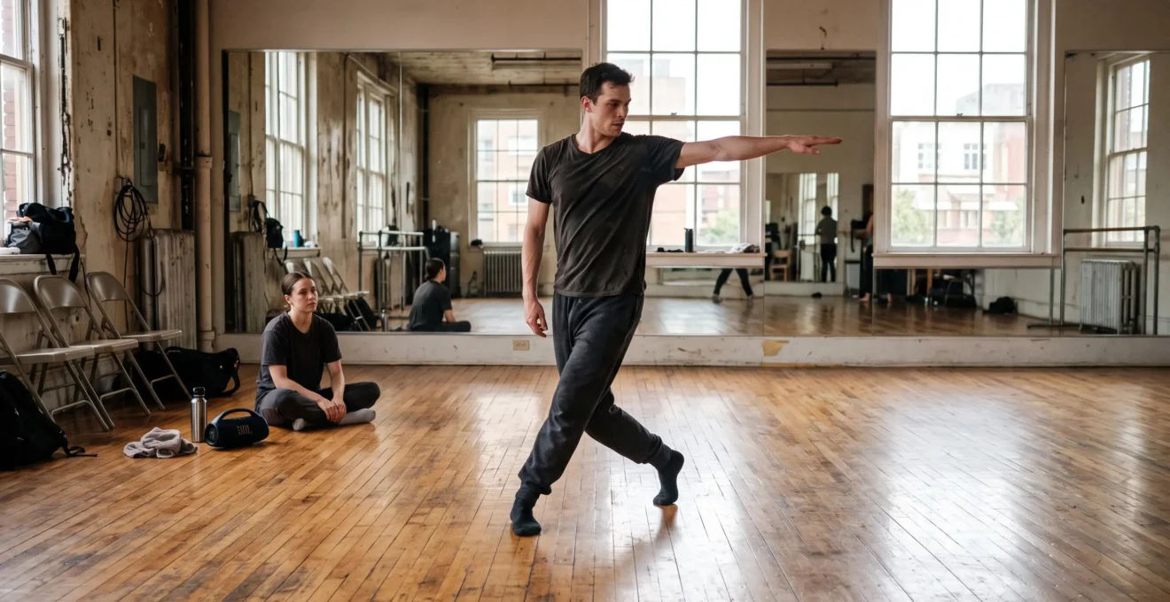 Un danseur marque un temps fort d'un geste ample dans un studio de répétition pendant qu'un autre danseur l'observe depuis le sol.