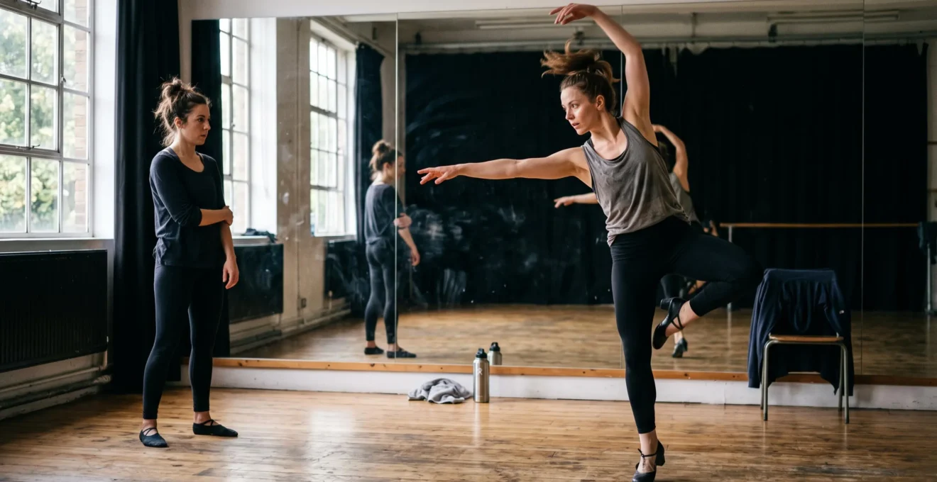 Deux danseurs répètent une séquence rapide dans un studio de danse, l'un exécutant un mouvement contrôlé pendant que l'autre observe.