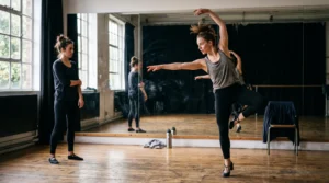 Deux danseurs répètent une séquence rapide dans un studio de danse, l'un exécutant un mouvement contrôlé pendant que l'autre observe.