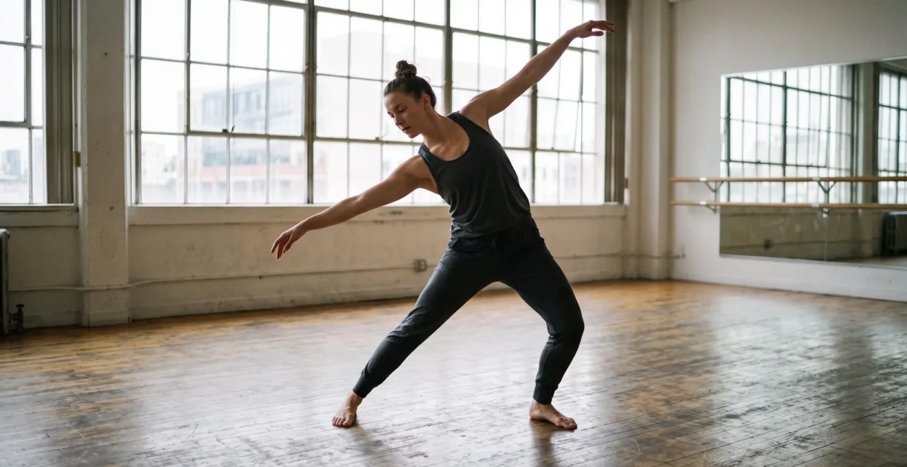 Une danseuse exécute un grand mouvement des bras et du buste dans un studio, pieds stables au sol et corps entièrement engagé depuis le centre.