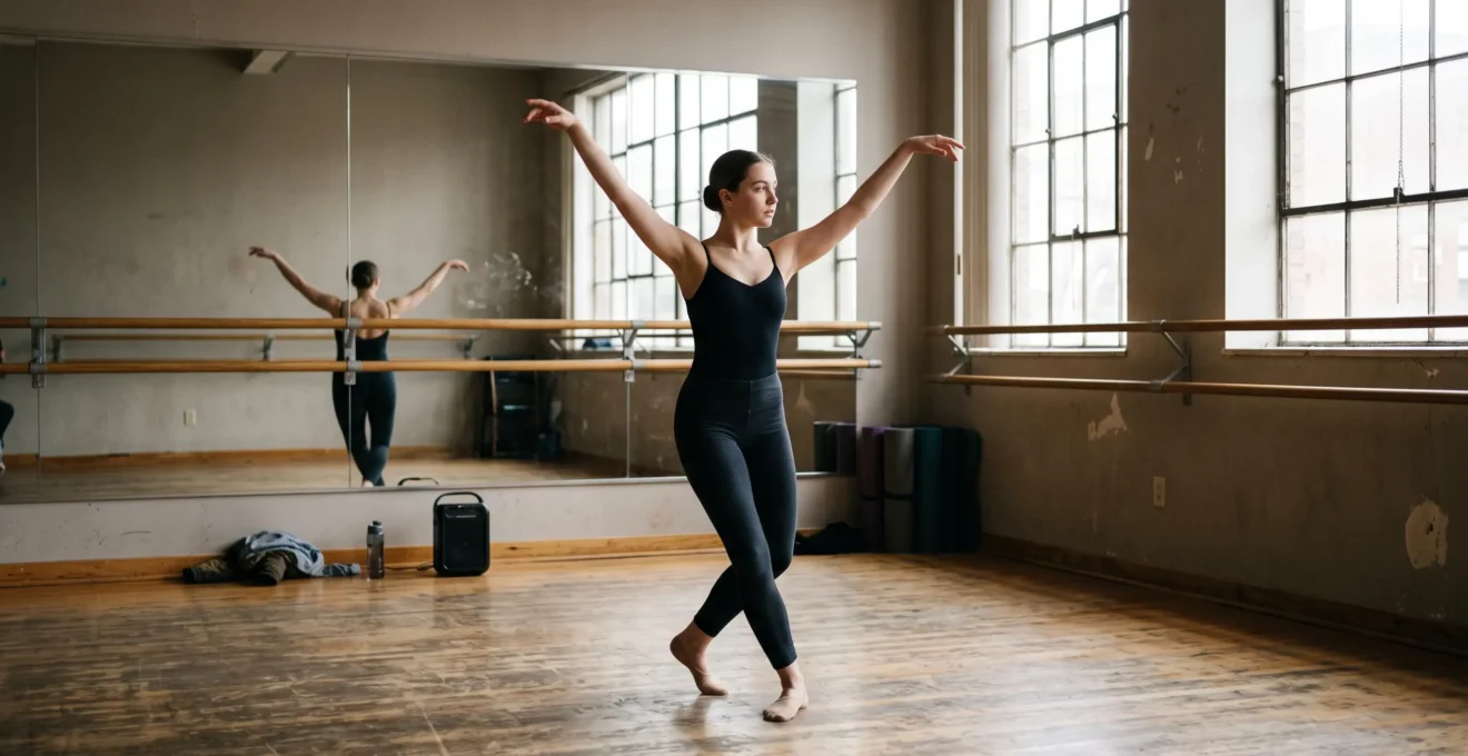 Une danseuse s'entraîne à coordonner ses bras et ses jambes devant le miroir d'un studio de danse éclairé par la lumière du jour.