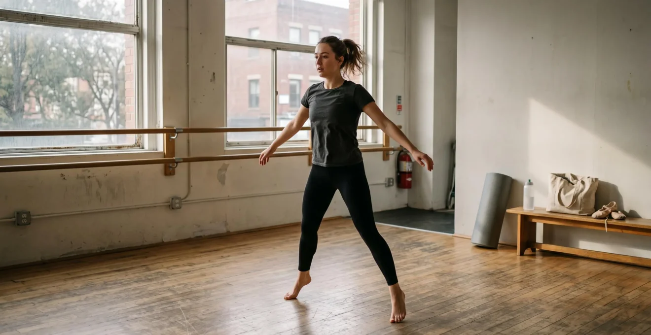 Une danseuse réalise une activation cardio-respiratoire au centre d'un studio de danse lumineux, dans le cadre d'un échauffement structuré avant un cours.