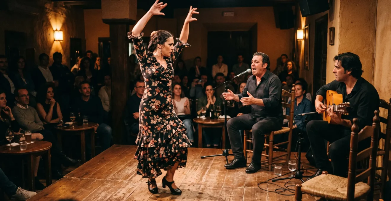 Danseuse de flamenco en pleine phrase dansée face à un chanteur et un guitariste sur la petite scène d'un tablao.