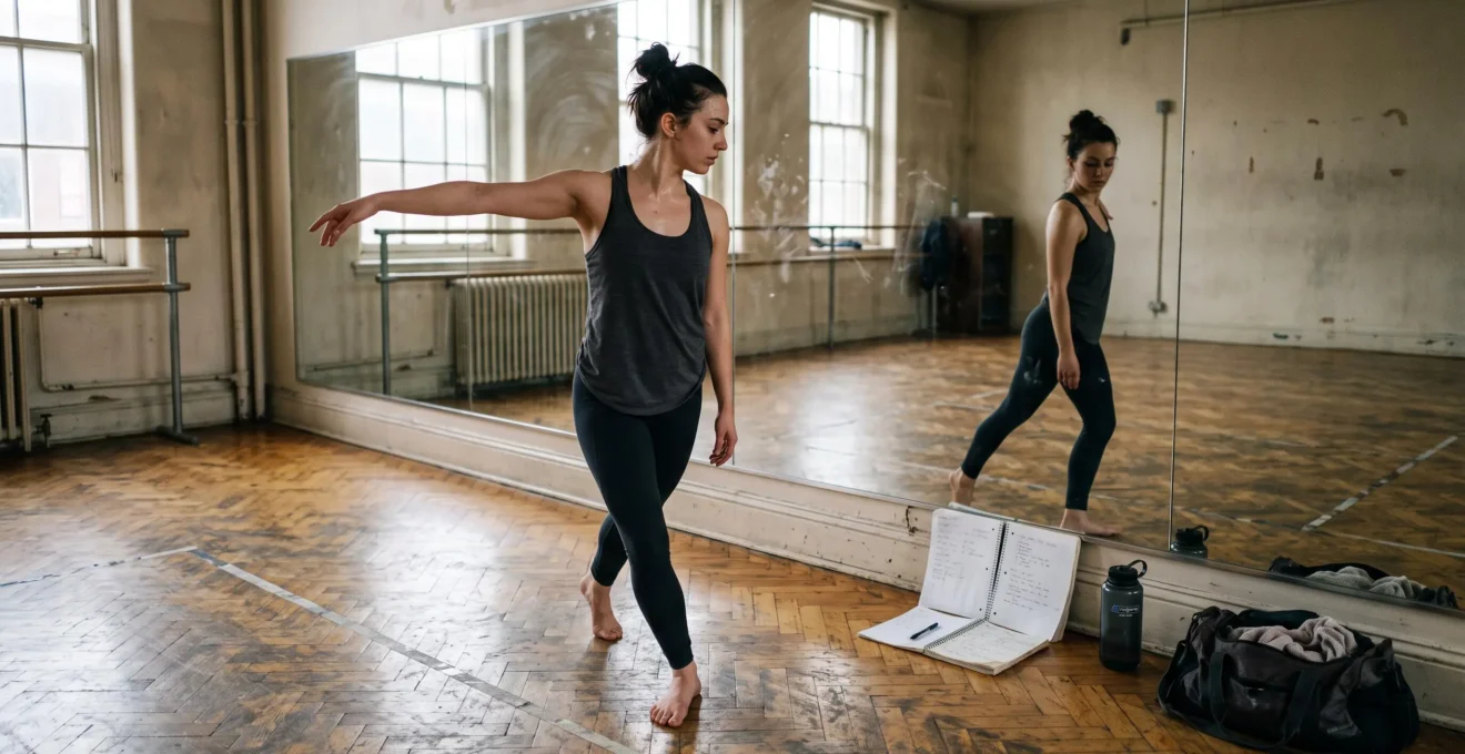 Une danseuse répète mentalement une séquence de chorégraphie devant le miroir d'un studio de danse éclairé par la lumière naturelle.