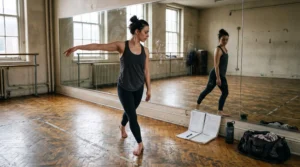 Une danseuse répète mentalement une séquence de chorégraphie devant le miroir d'un studio de danse éclairé par la lumière naturelle.