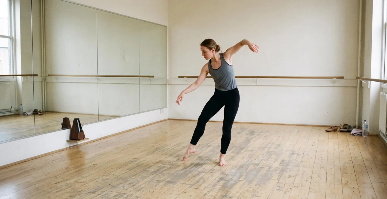 Une danseuse répète une phrase dansée au milieu d'un studio de danse en bois, avec un métronome posé au sol près du bar.