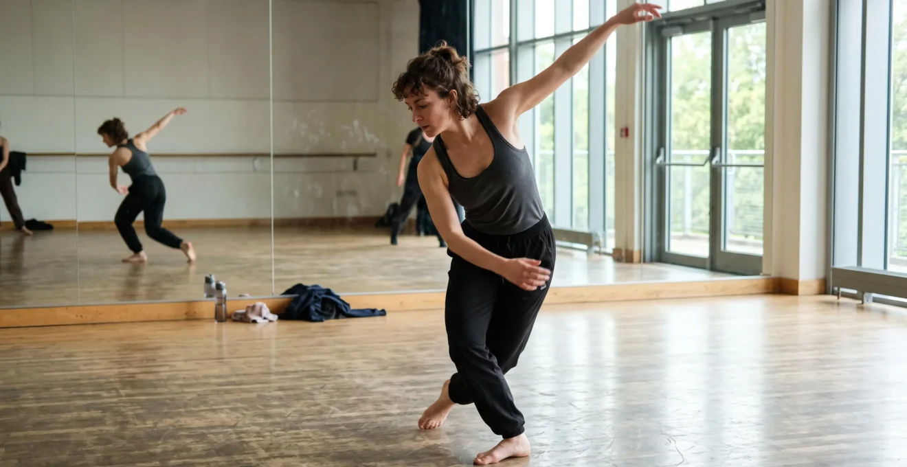 Une danseuse en pleine transition entre deux mouvements dans un studio de répétition, le poids du corps transféré d'une jambe à l'autre