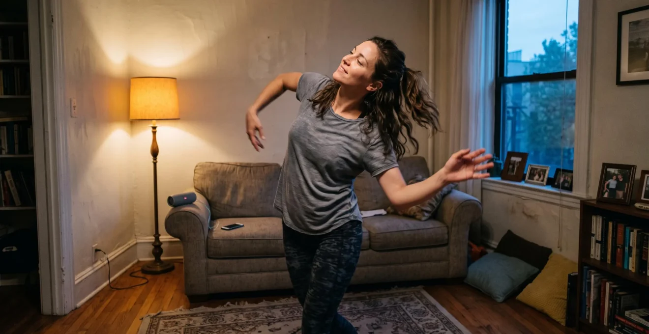 Une femme danse seule avec énergie dans son salon en fin de journée, près d'une enceinte posée sur un canapé.