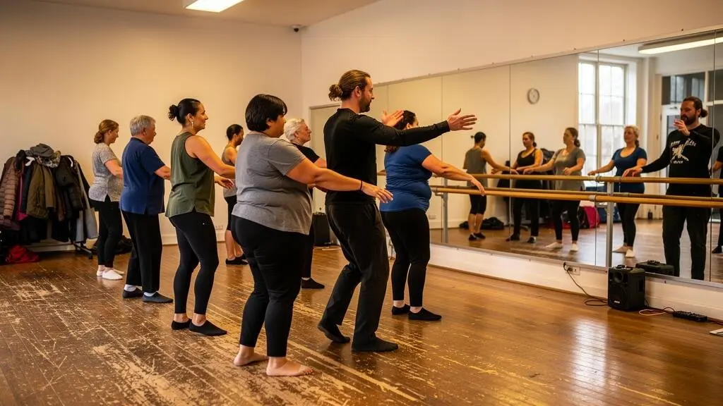 Un groupe d'adultes exécute ensemble le même enchaînement de danse dans un studio, guidé par un enseignant qui circule entre les rangs.
