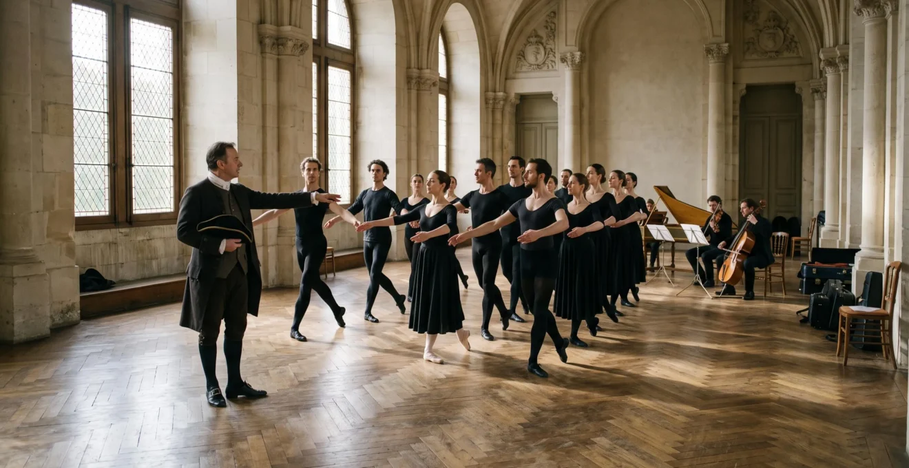 Un maître à danser dirige des danseurs exécutant des figures ordonnées dans un grand hall à parquet, avec des musiciens et un clavecin en arrière-plan.