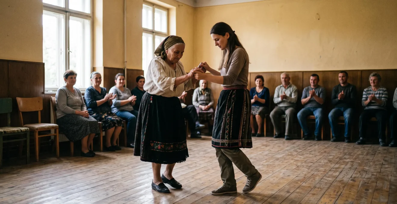 Une danseuse âgée guide les pas d'un jeune apprenti sur le plancher d'une salle communautaire pendant que des habitants regardent.