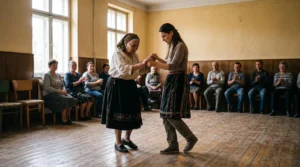 Une danseuse âgée guide les pas d'un jeune apprenti sur le plancher d'une salle communautaire pendant que des habitants regardent.